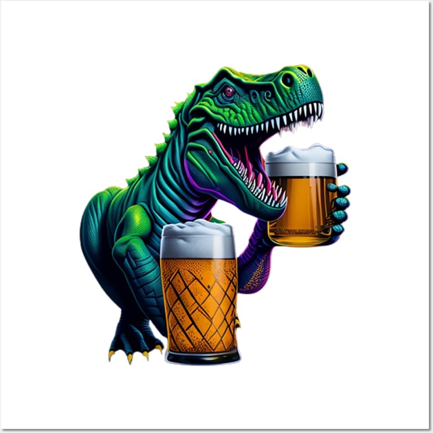 T-Rex With Beer Mugs Wall Art by likbatonboot